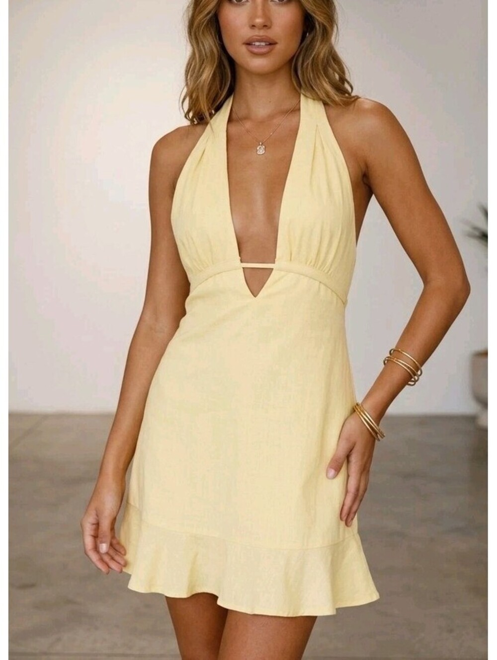 Princess Polly Sundress Womens 4 Yellow Halter Backless Fit & Flare Mini